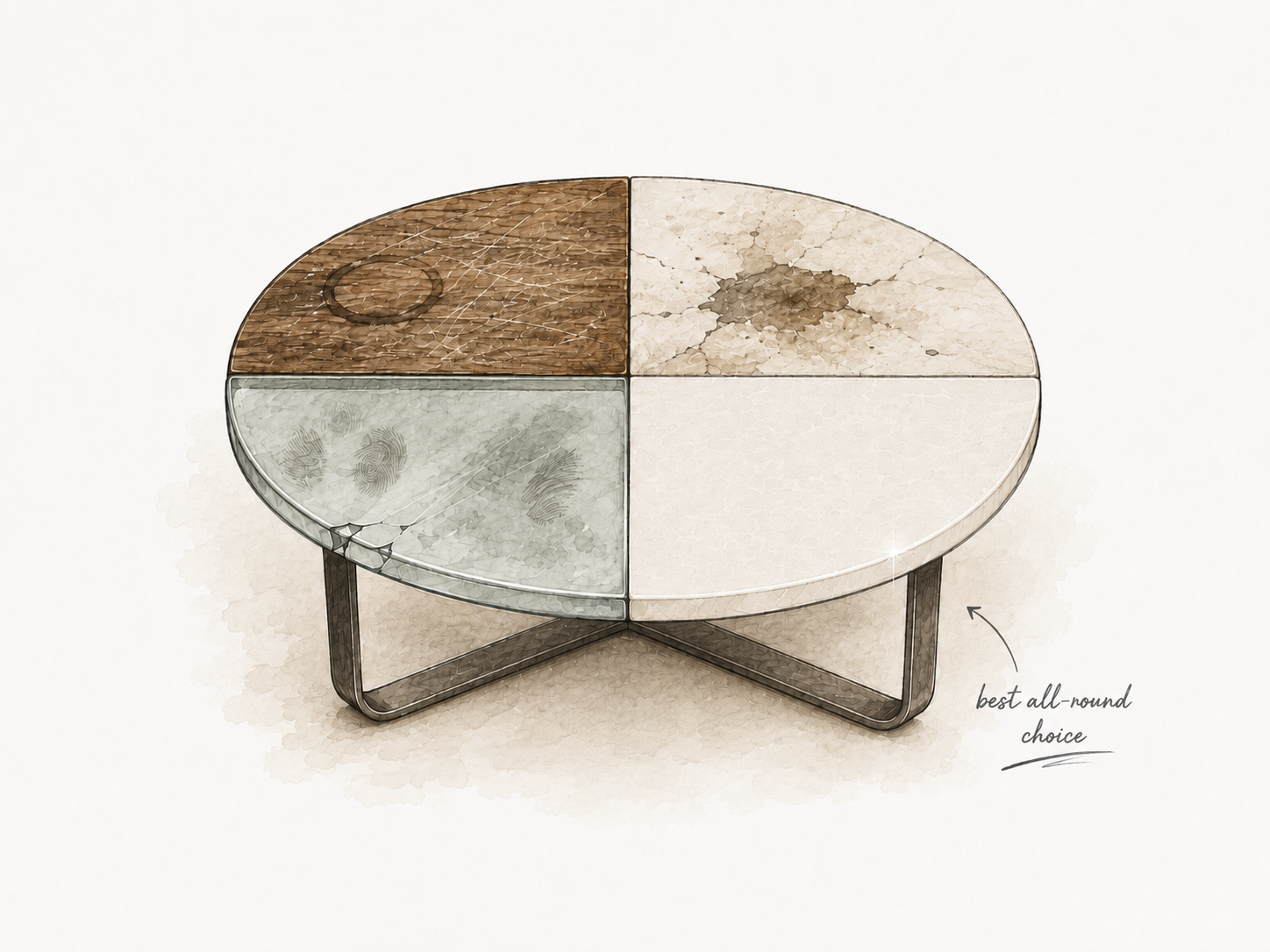 Coffee table split into four materials — wood, natural stone, glass and porcelain — showing porcelain as the best all-round choice for a coffee table, Jacko Interior