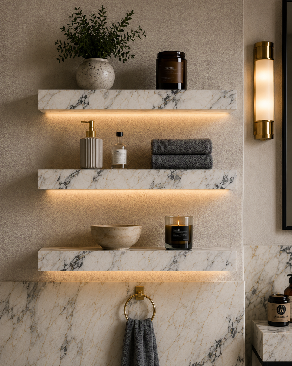 A styled bathroom interior with three floating marble shelves mounted on a beige textured wall, each shelf illuminated by warm under-shelf lighting.