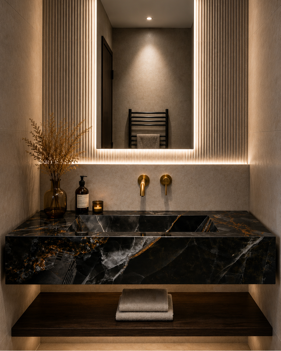 Modern bathroom vanity with black marble countertop, illuminated mirror, and decorative elements.