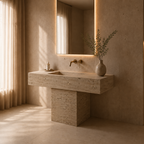 Modern bathroom with stone sink and illuminated mirror