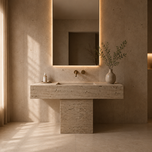 Bathroom with stone sink and illuminated mirror