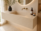 Bespoke floating tiled basin, Calacatta marble effect porcelain, 45 degree angle detail view, brass wall-mounted tap — Jack the Tiler Studio