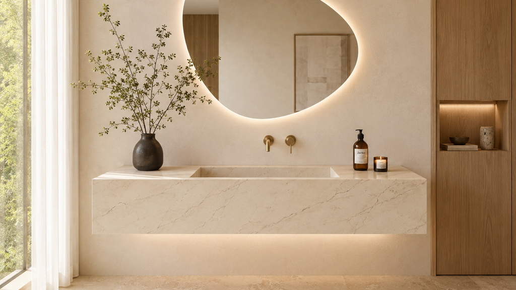 Bespoke wall-mounted floating basin, Calacatta marble effect porcelain, backlit mirror, brass tap — Jack the Tiler Studio