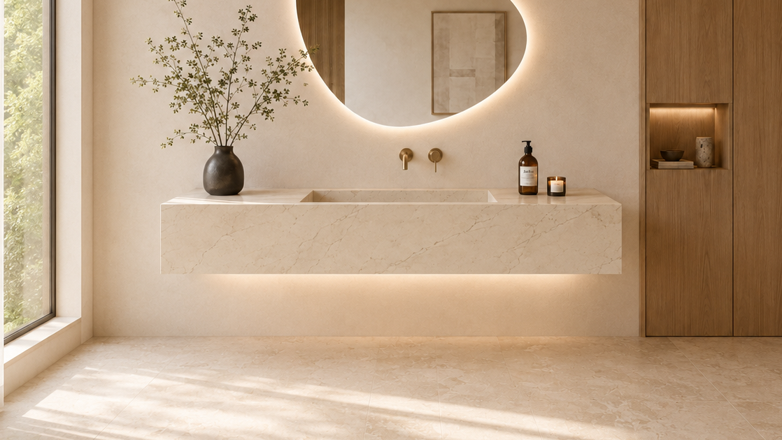 Bespoke wall-mounted floating basin, Calacatta marble effect porcelain, full bathroom setting, LED under-lighting, natural light — Jack the Tiler Studio