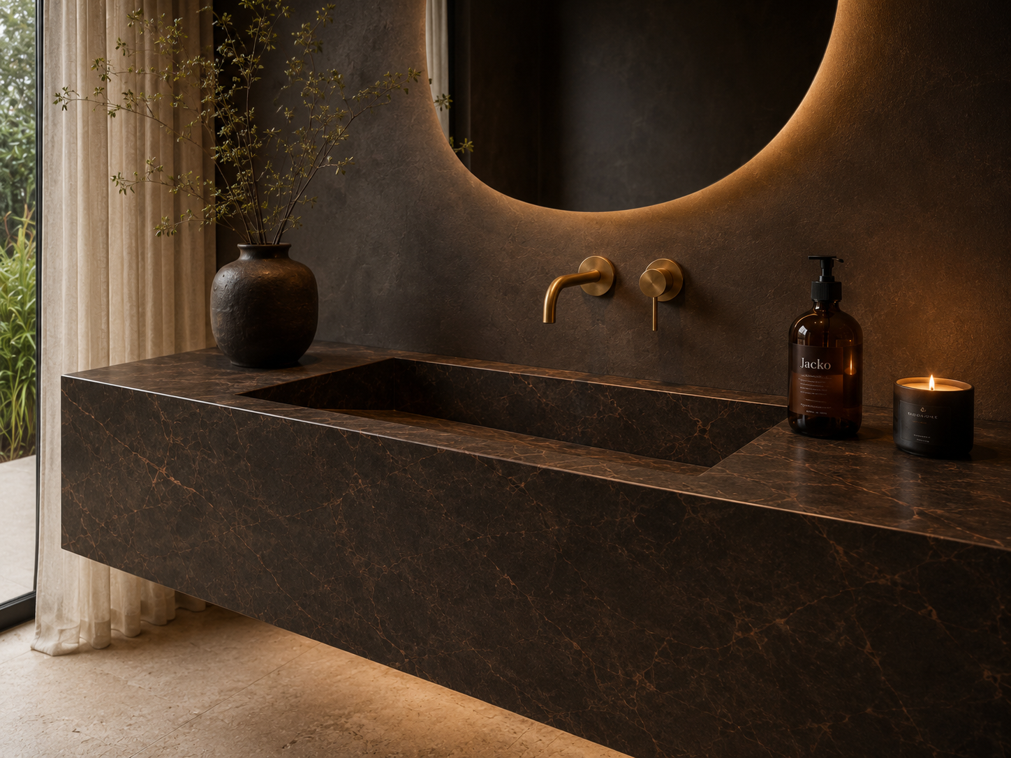 Bespoke floating tiled basin, dark marble effect porcelain, 45 degree angle view, brass wall-mounted tap — Jack the Tiler Studio