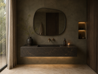 Bespoke wall-mounted floating basin, dark marble effect porcelain, LED under-lighting, brass tap — Jack the Tiler Studio