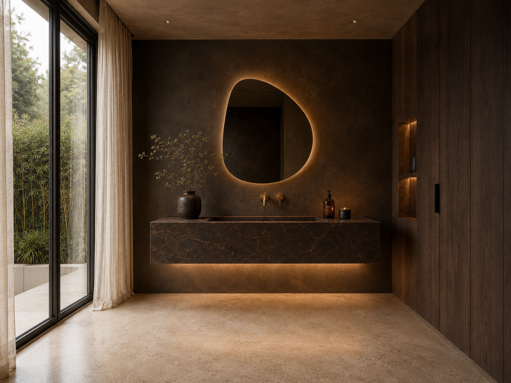 espoke wall-mounted floating basin, dark marble effect porcelain, full bathroom view, bamboo garden beyond glass — Jack the Tiler Studio