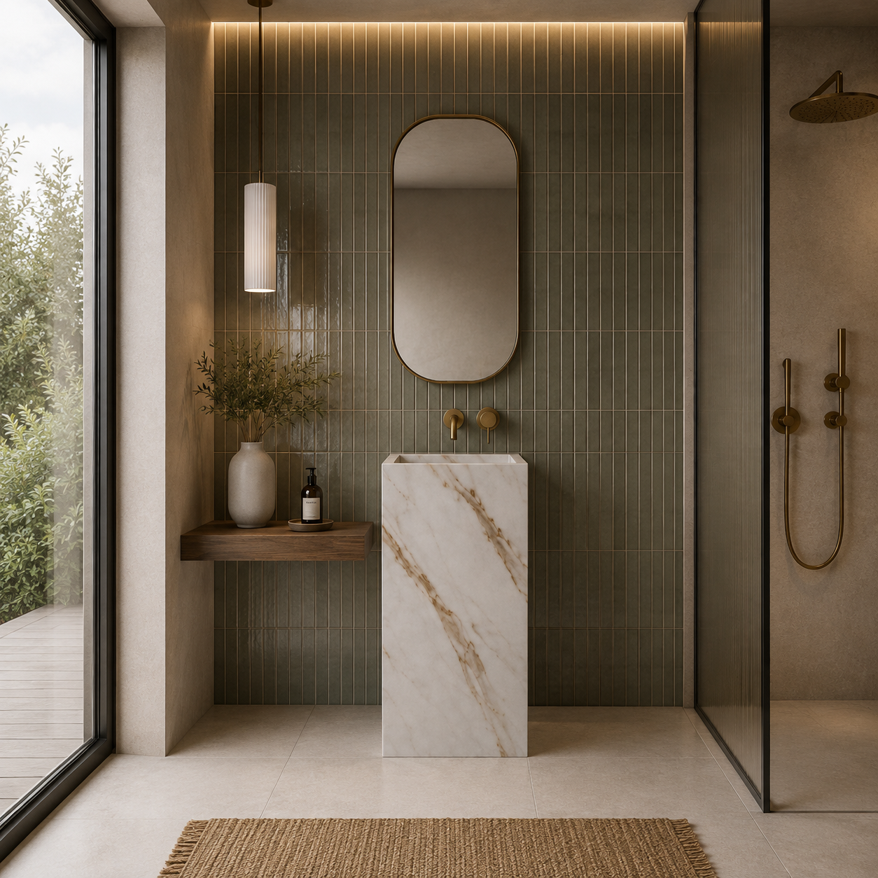 Bespoke freestanding tiled basin, Calacatta marble effect porcelain, full bathroom view with walk-in shower and brass fittings — Jacko