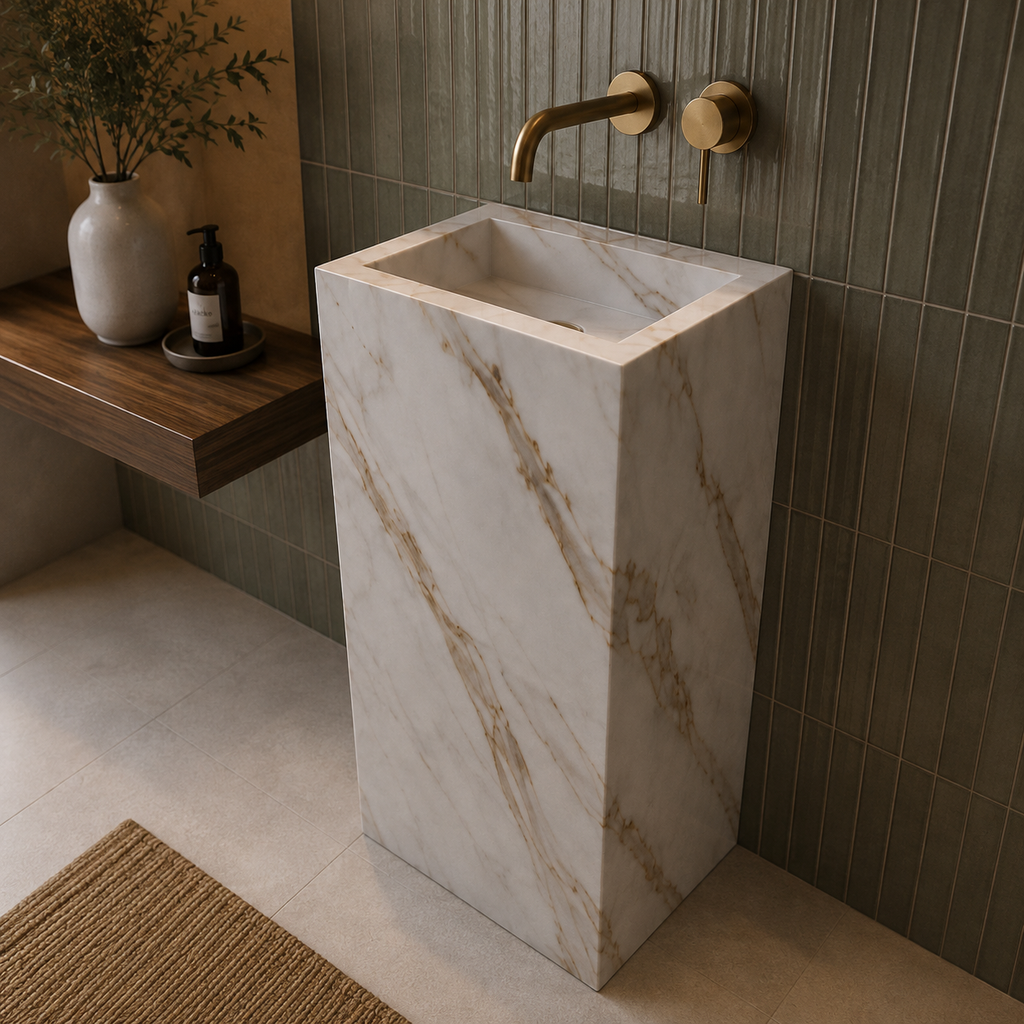 Bespoke freestanding tiled basin, Calacatta marble effect porcelain, green ribbed tile wall, brass wall-mounted tap — Jacko