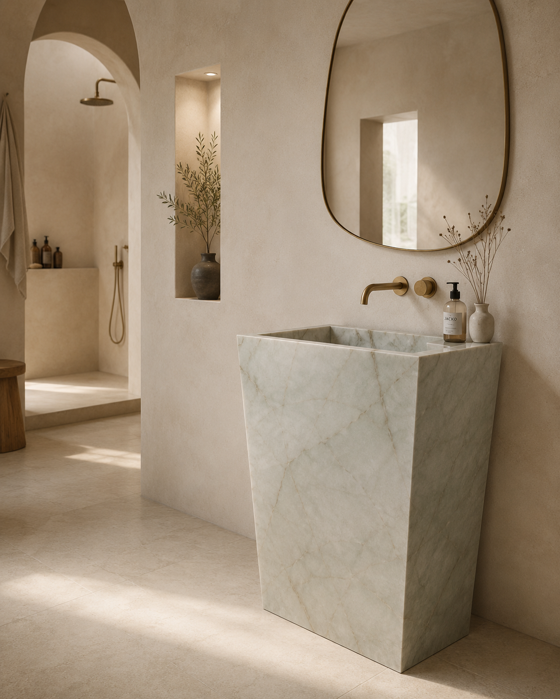 Bespoke freestanding tiled basin, cream marble effect porcelain, plastered arched bathroom, oval brass mirror — Jacko