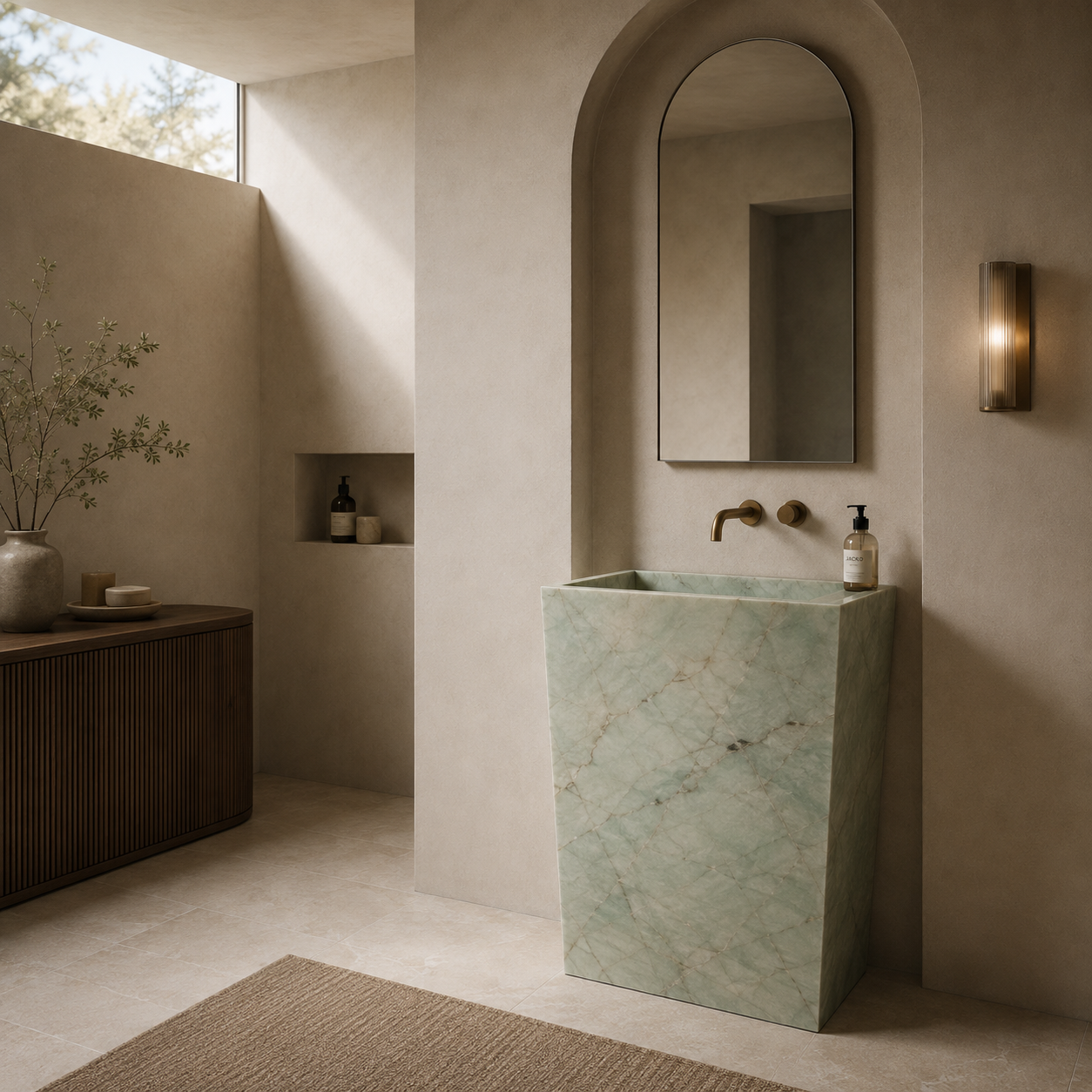 Bespoke freestanding tiled basin, sage green marble effect porcelain, arched mirror, wooden vanity cabinet, brass wall-mounted tap — Jacko