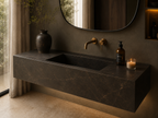 Bespoke wall-mounted tiled basin, dark marble effect porcelain, brass tap — Jack the Tiler Studio