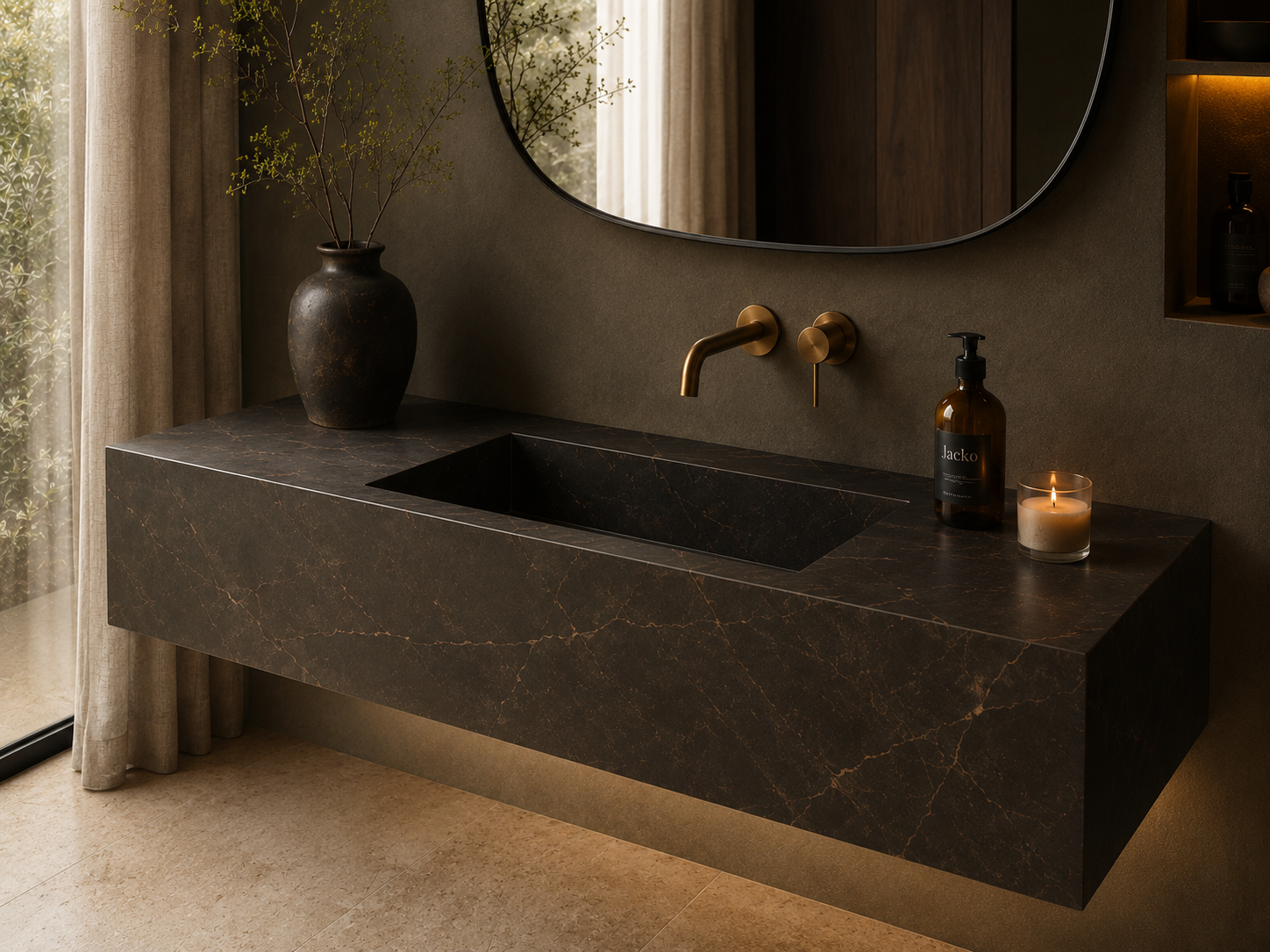 Bespoke wall-mounted tiled basin, dark marble effect porcelain, brass tap — Jack the Tiler Studio