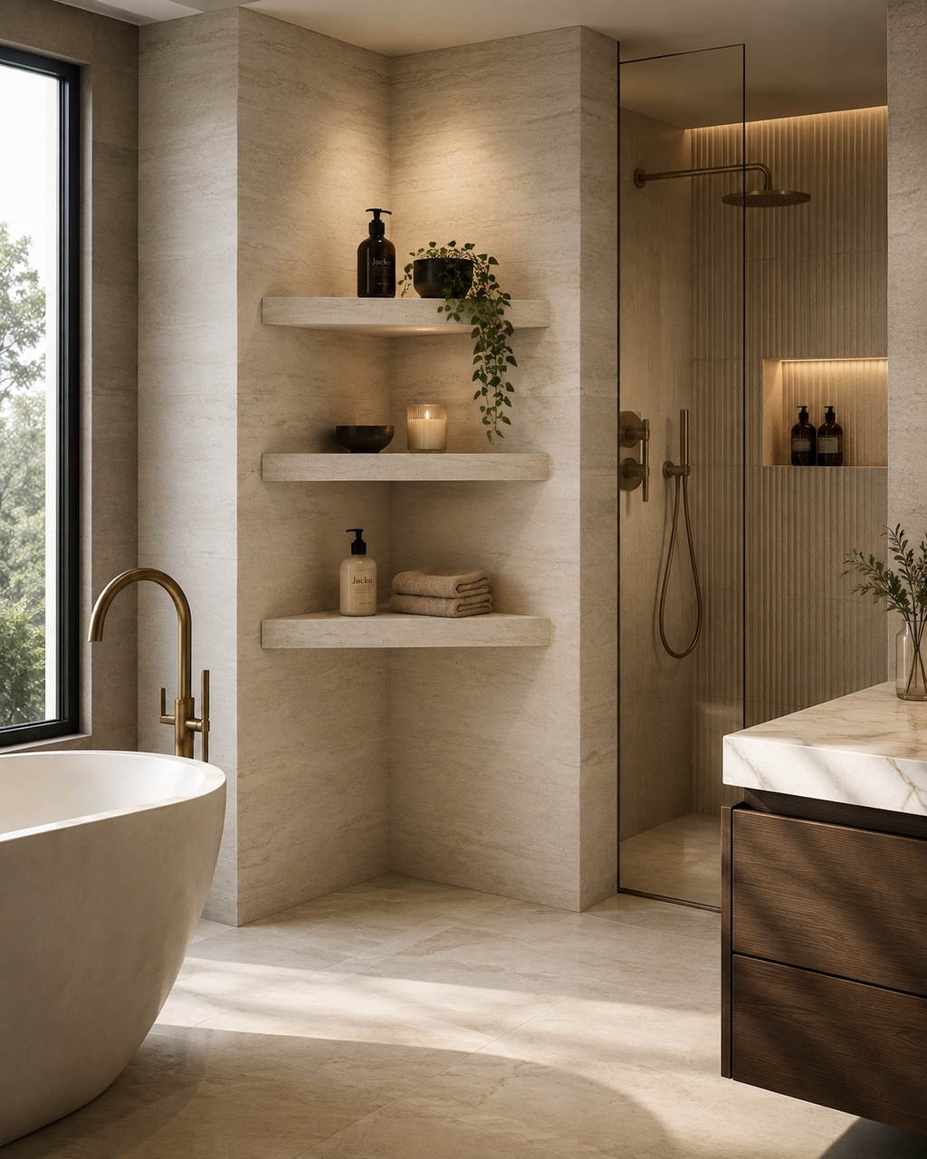 A luxury modern bathroom interior featuring a freestanding white bathtub with a gold faucet, built-in beige floating shelves.