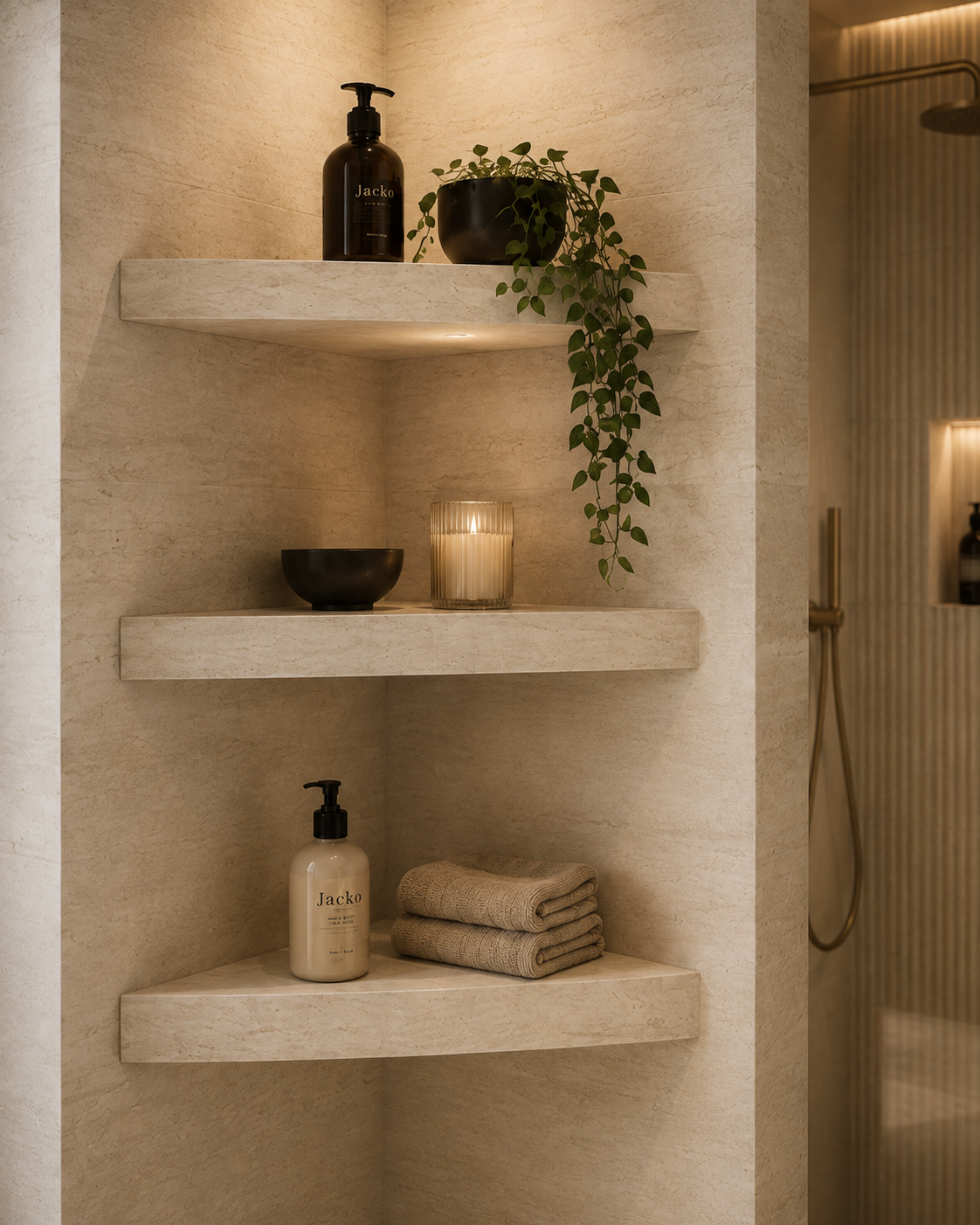 A styled bathroom corner with three built-in stone shelves holding a dark pump bottle, a trailing green plant, a candle, a small bowl, and folded beige towels.