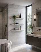 Modern bathroom interior with a freestanding white tub edge, wall-mounted floating shelves with plants and toiletries, a large window, and a dark wood vanity.