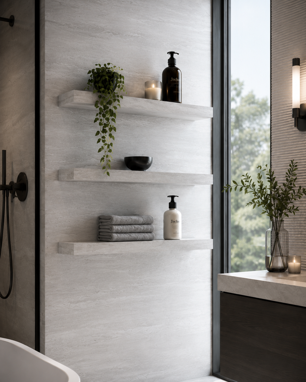 Modern floating shelves mounted on a light gray stone wall in a bathroom, styled with a trailing green plant, a dark amber bottle, a small black bowl, folded gray towels, and a white pump bottle.