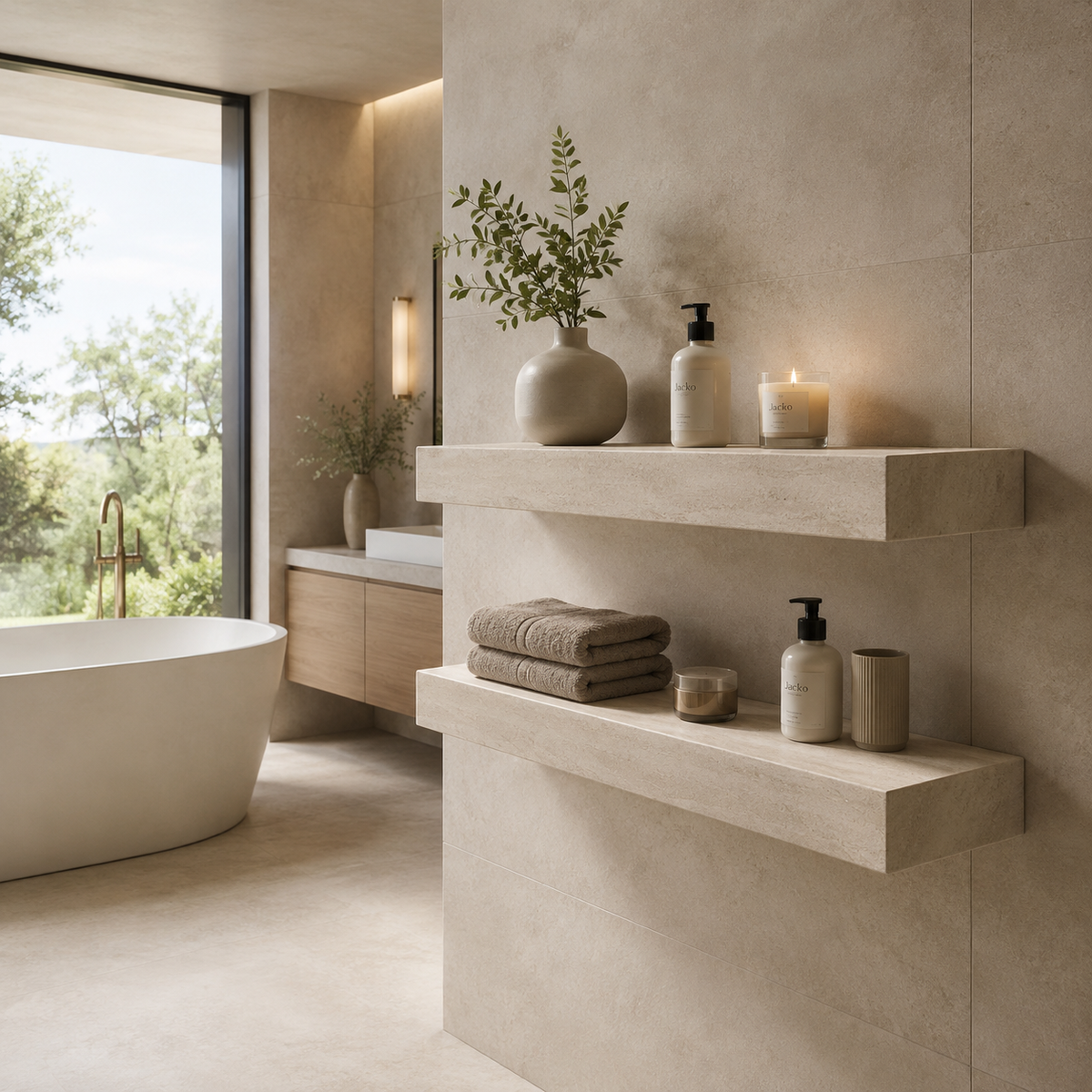 A modern bathroom interior with floating stone shelves holding a vase with greenery, toiletry bottles, a candle, and folded towels beside a freestanding bathtub and large window.