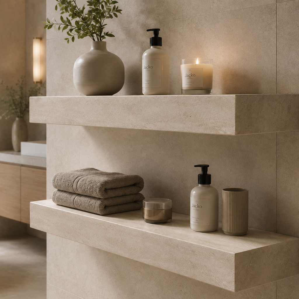 Minimalist bathroom shelf arrangement with beige stone shelves, folded towels, pump bottles, a candle, and a vase in a softly lit spa-like interior.