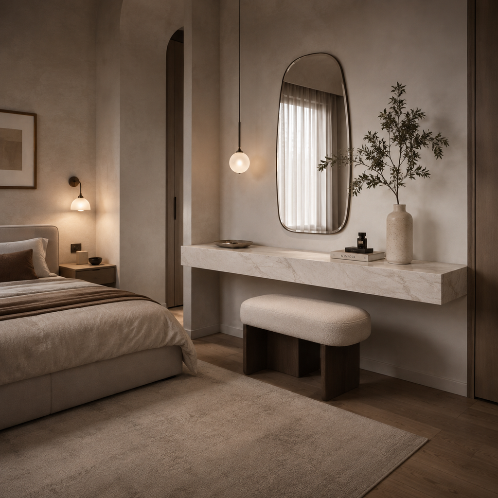 Bespoke tiled floating shelf, white marble effect porcelain, bedroom with arched mirror and arched doorway — Jacko