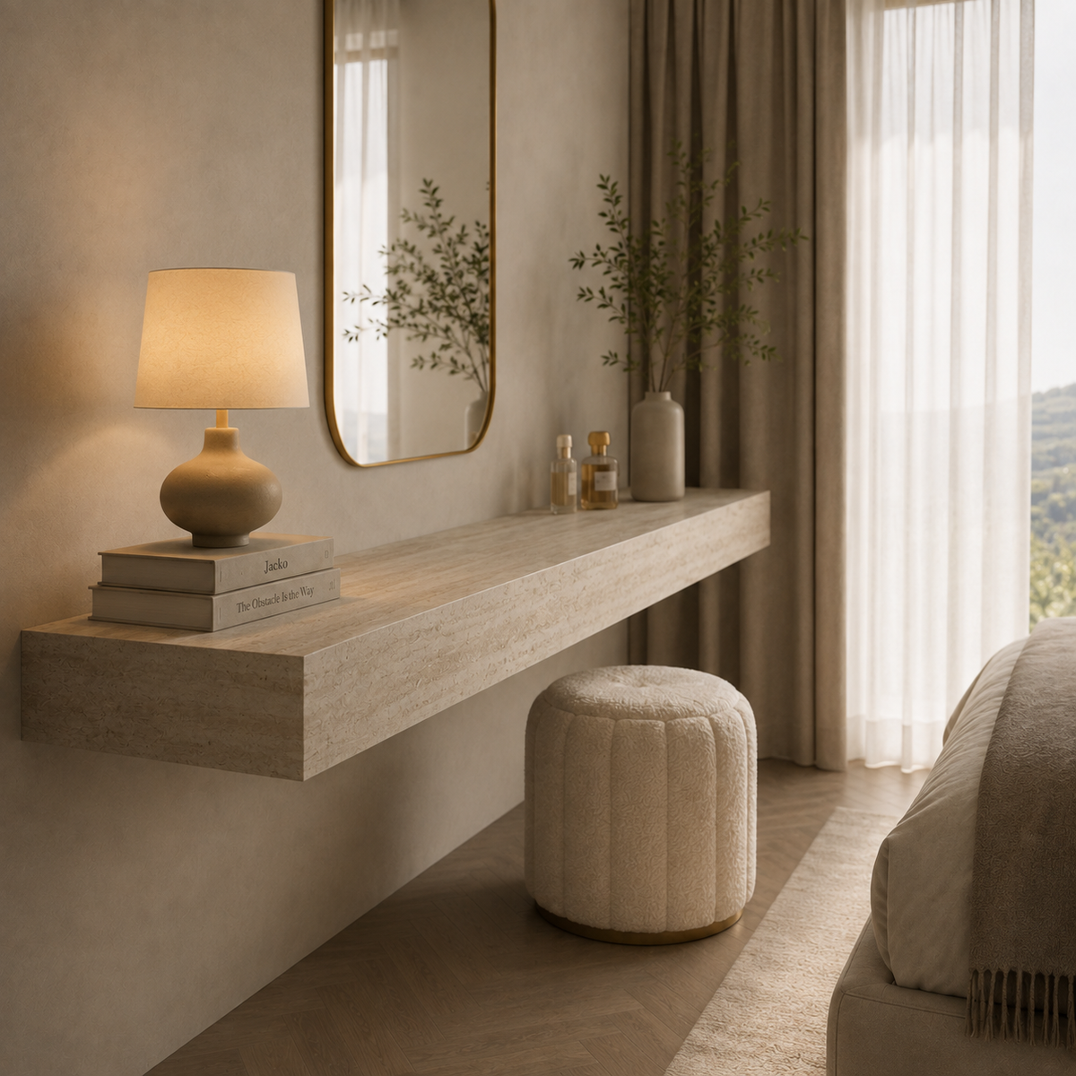 Bespoke tiled floating shelf, travertine effect porcelain, medium bedroom view with sheer curtains and countryside view — Jacko