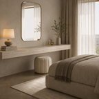 Bespoke tiled floating shelf, travertine effect porcelain, bedroom dressing console with countryside view and boucle stool — Jacko