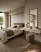 Bespoke tiled floating shelf, travertine effect porcelain, wide bedroom view with tall mirror and boucle pouf — Jacko