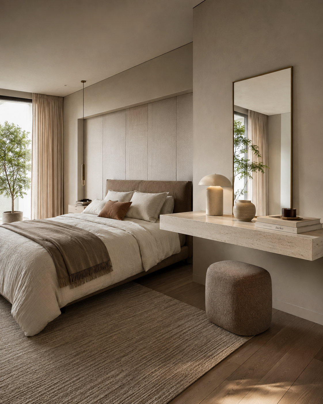 Bespoke tiled floating shelf, travertine effect porcelain, wide bedroom view with tall mirror and boucle pouf — Jacko