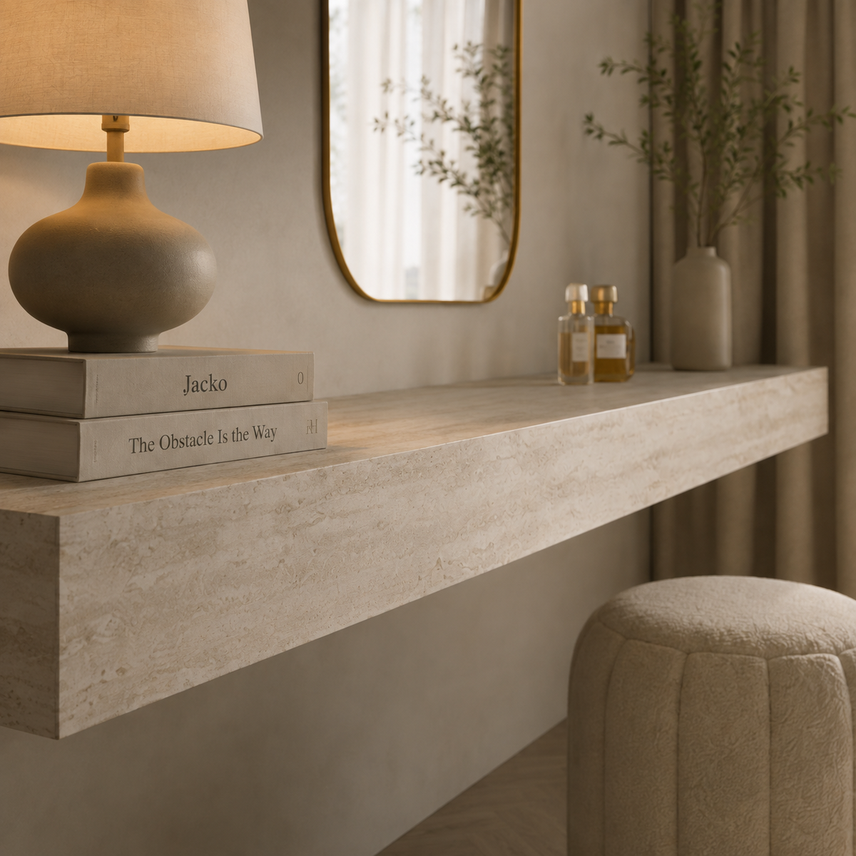 Bespoke tiled floating shelf, travertine effect porcelain, close-up detail with table lamp and stacked books — Jacko