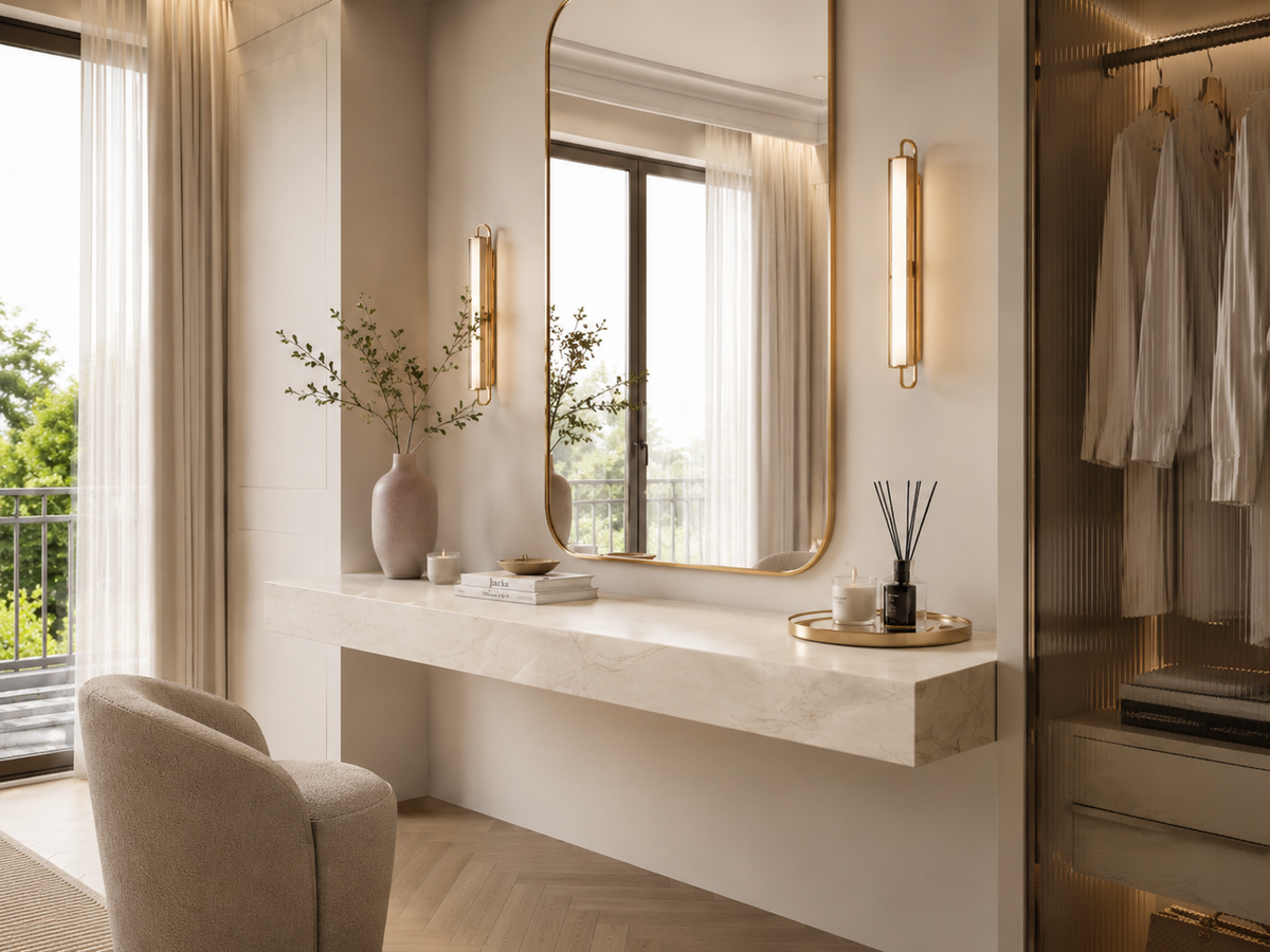 Bespoke tiled floating shelf, travertine effect porcelain, dressing area with gold-framed mirror and walk-in wardrobe — Jacko