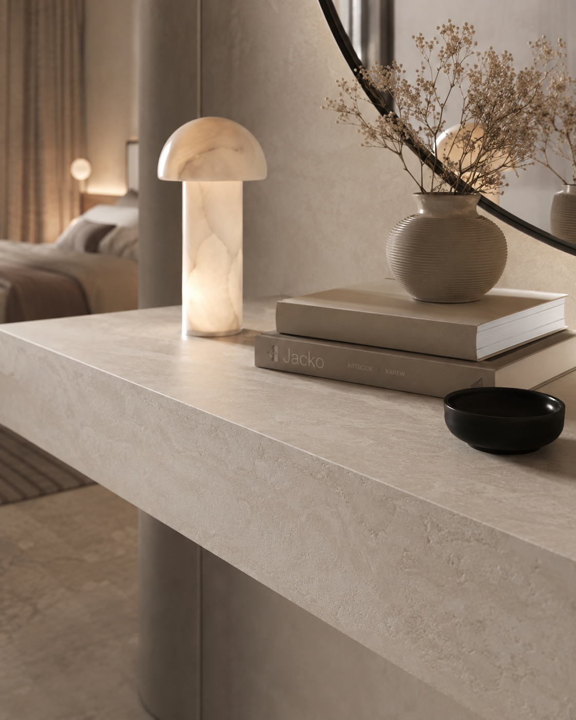 Bespoke tiled floating shelf, pale stone effect porcelain, close-up detail with mushroom lamp and ceramic vase — Jacko