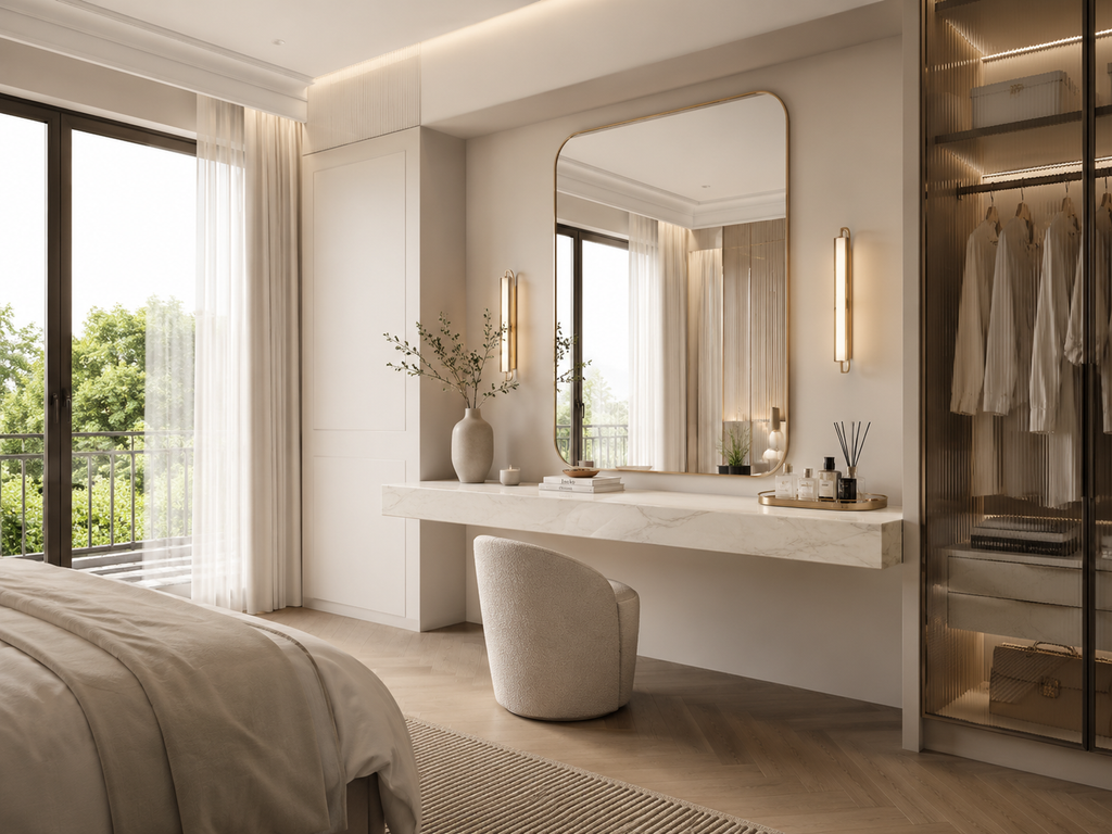 Bespoke tiled floating shelf, white marble effect porcelain, luxury bedroom dressing area with walk-in wardrobe — Jacko