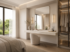 Bespoke tiled floating shelf, white marble effect porcelain, luxury bedroom dressing area with walk-in wardrobe — Jacko