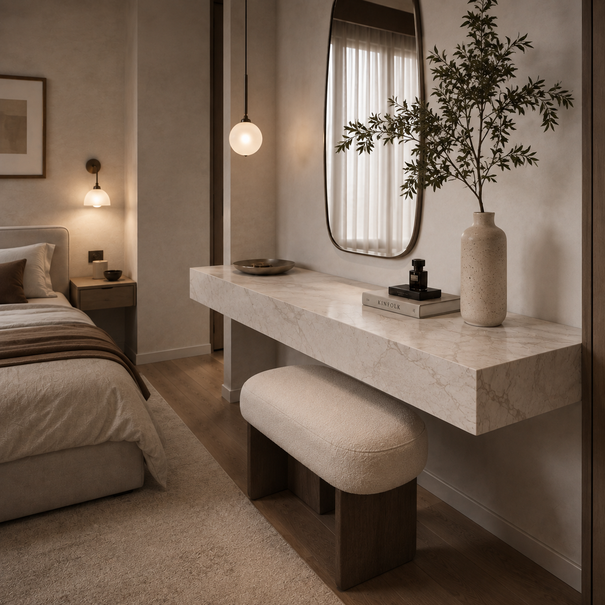 Bespoke tiled floating shelf, white marble effect porcelain, bedroom dressing console with oval mirror and boucle bench — Jacko