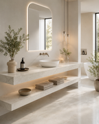 A wall-mounted porcelain vanity worktop with basin, set beneath an arched mirror in a marble-tiled bathroom