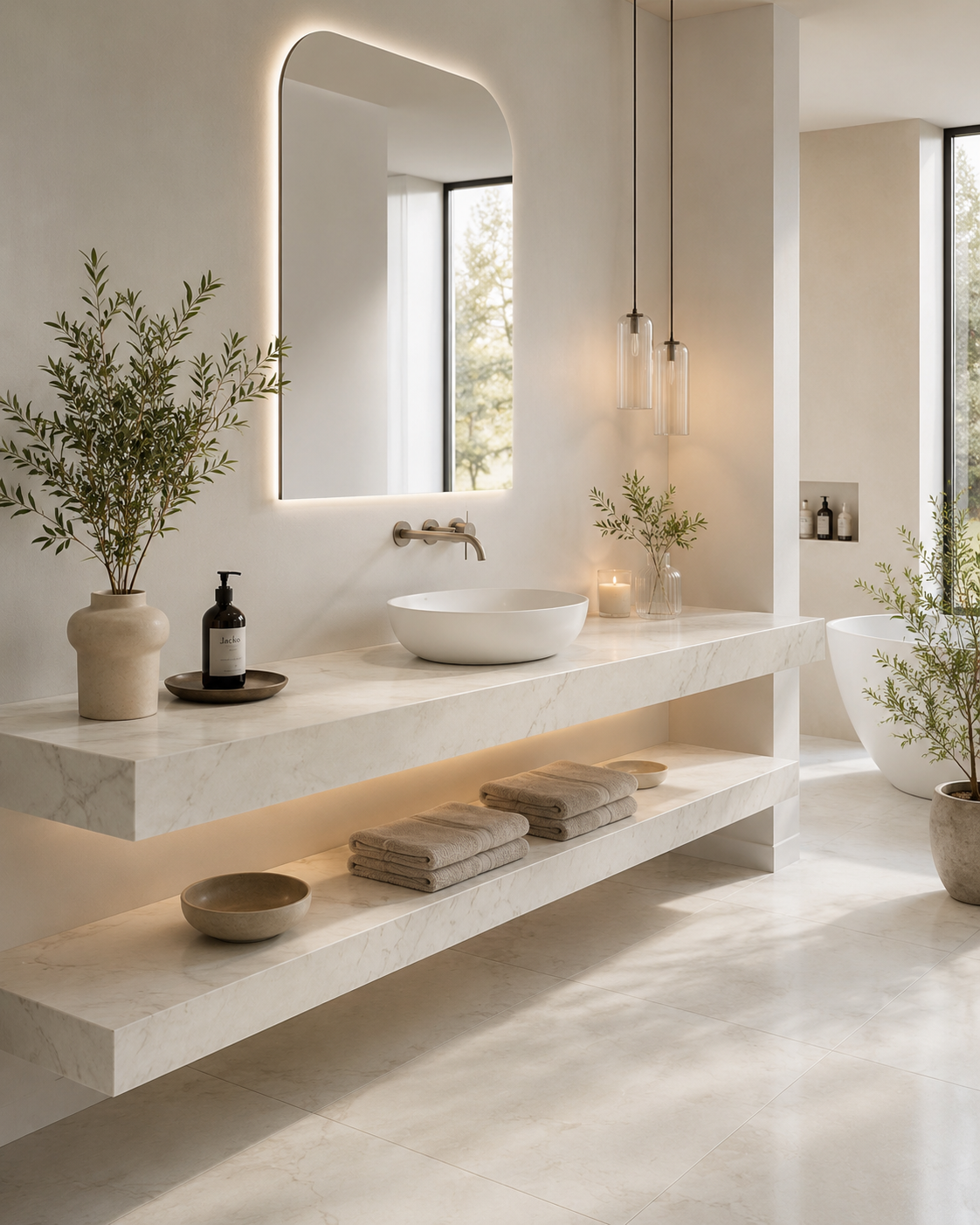 A wall-mounted porcelain vanity worktop with basin, set beneath an arched mirror in a marble-tiled bathroom