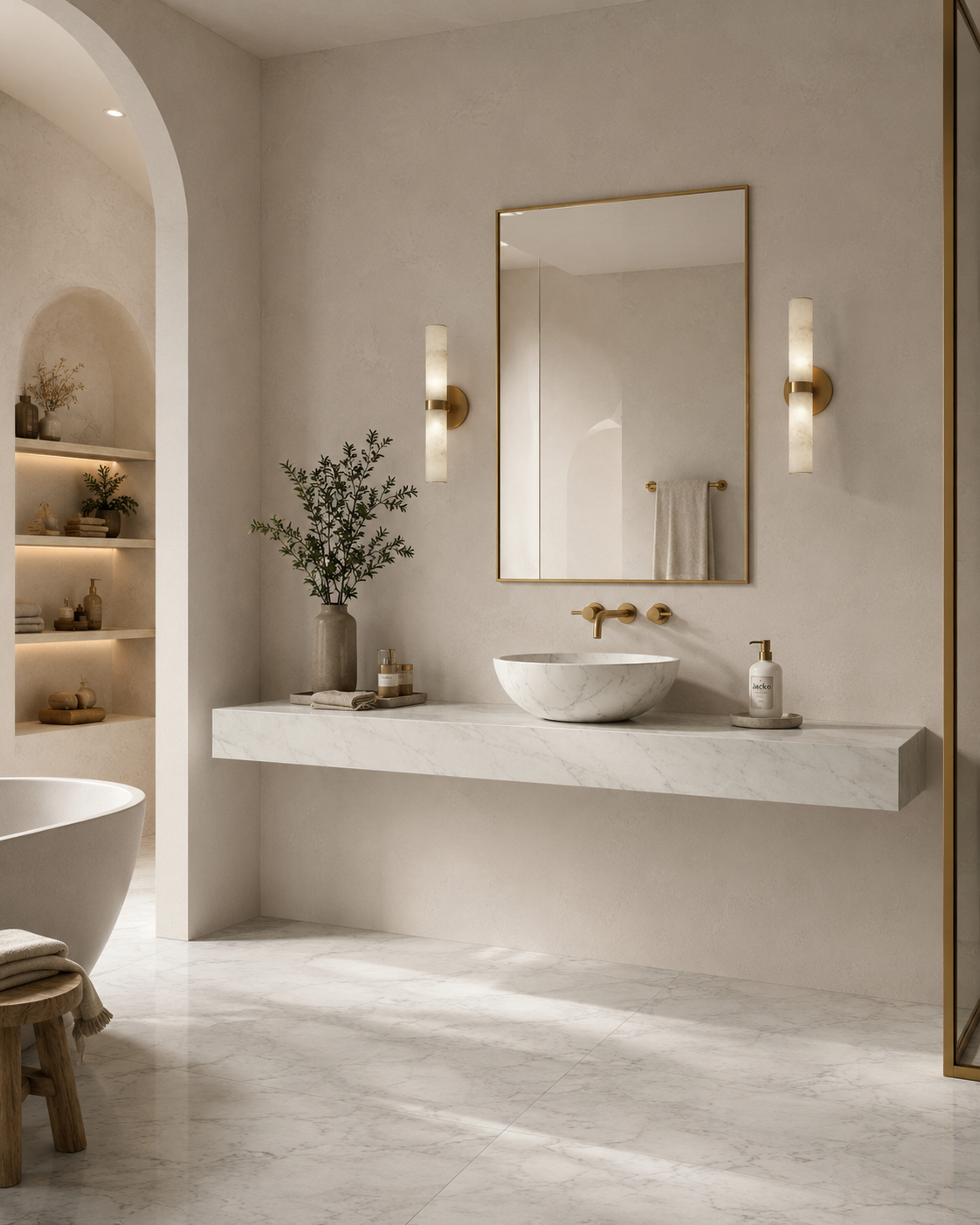 Bespoke tiled vanity worktop with round vessel basin, marble effect porcelain, wide bathroom view with archway to freestanding bath — Jacko