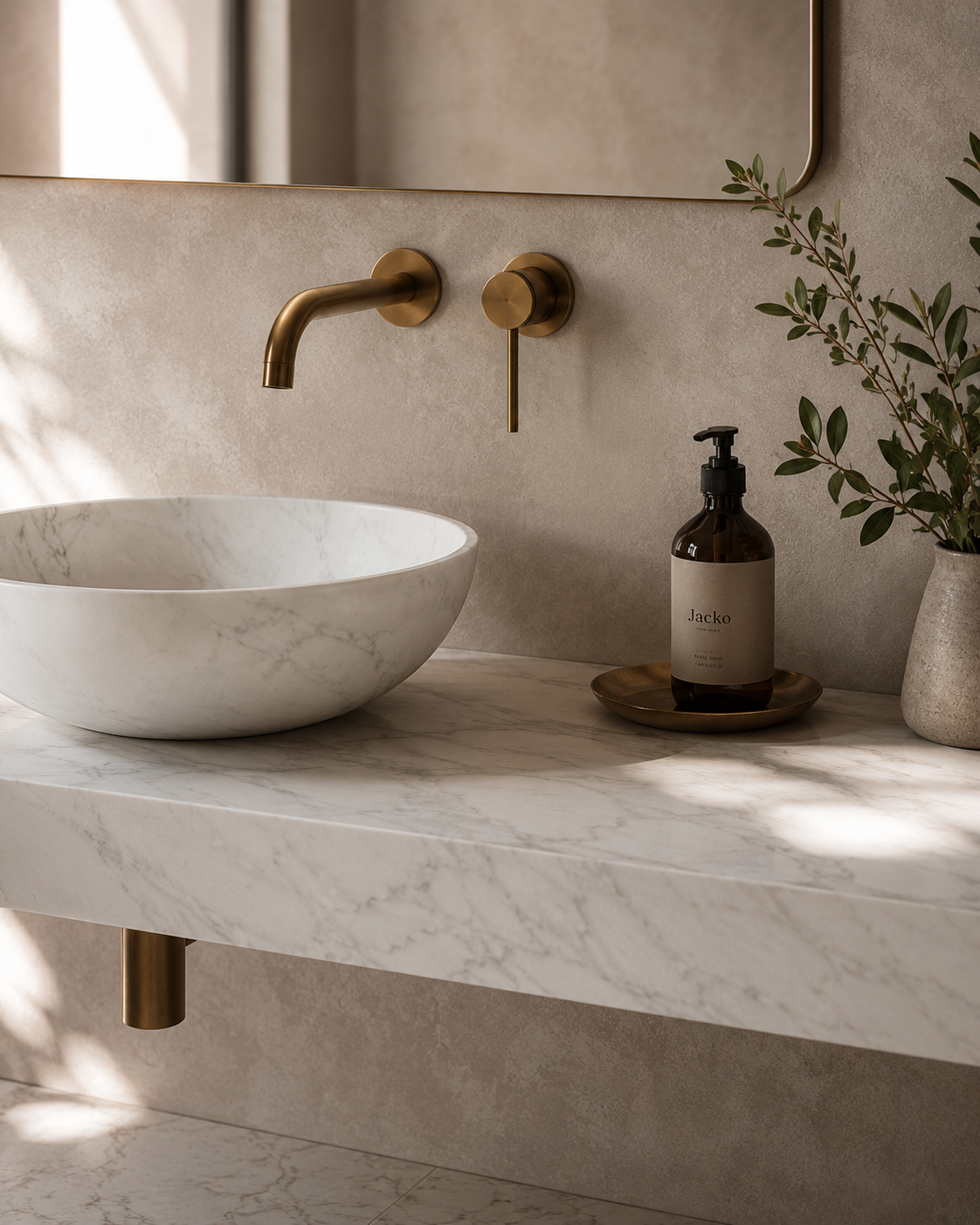 A modern bathroom vanity setup with a white marble vessel sink, matching marble countertop, matte brass wall-mounted faucet and controls.