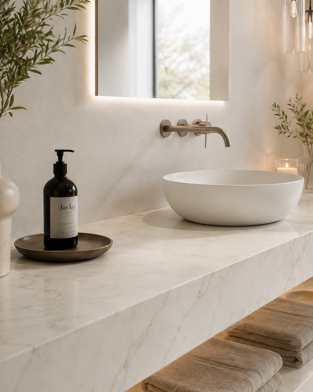 A modern bathroom vanity setup with a white oval vessel sink on a light marble countertop, a dark amber soap dispenser on a tray, folded towels, and warm ambient lighting.