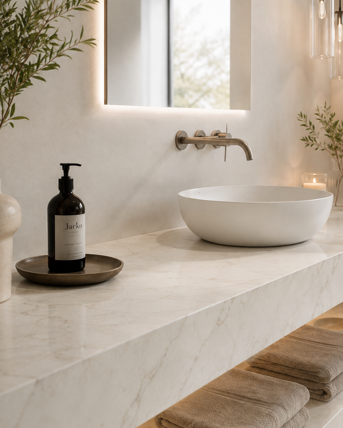 A modern bathroom vanity setup with a white oval vessel sink on a light marble countertop, a dark amber soap dispenser on a tray, folded towels, and warm ambient lighting.