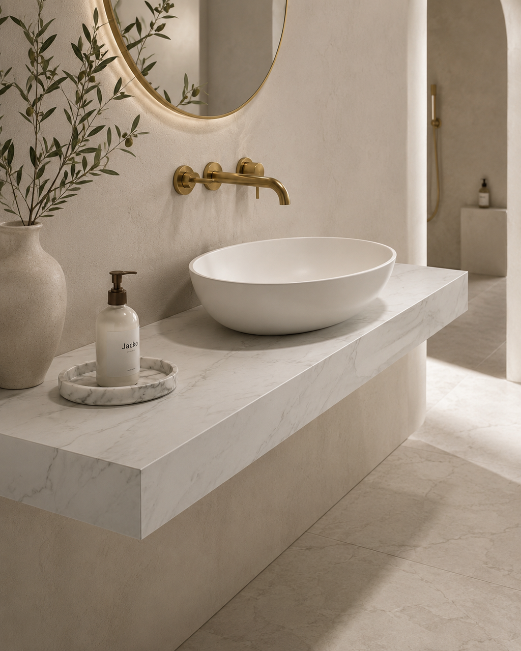Close-up of a porcelain vanity worktop with a marble-effect vessel basin and brushed brass wall-mounted tap