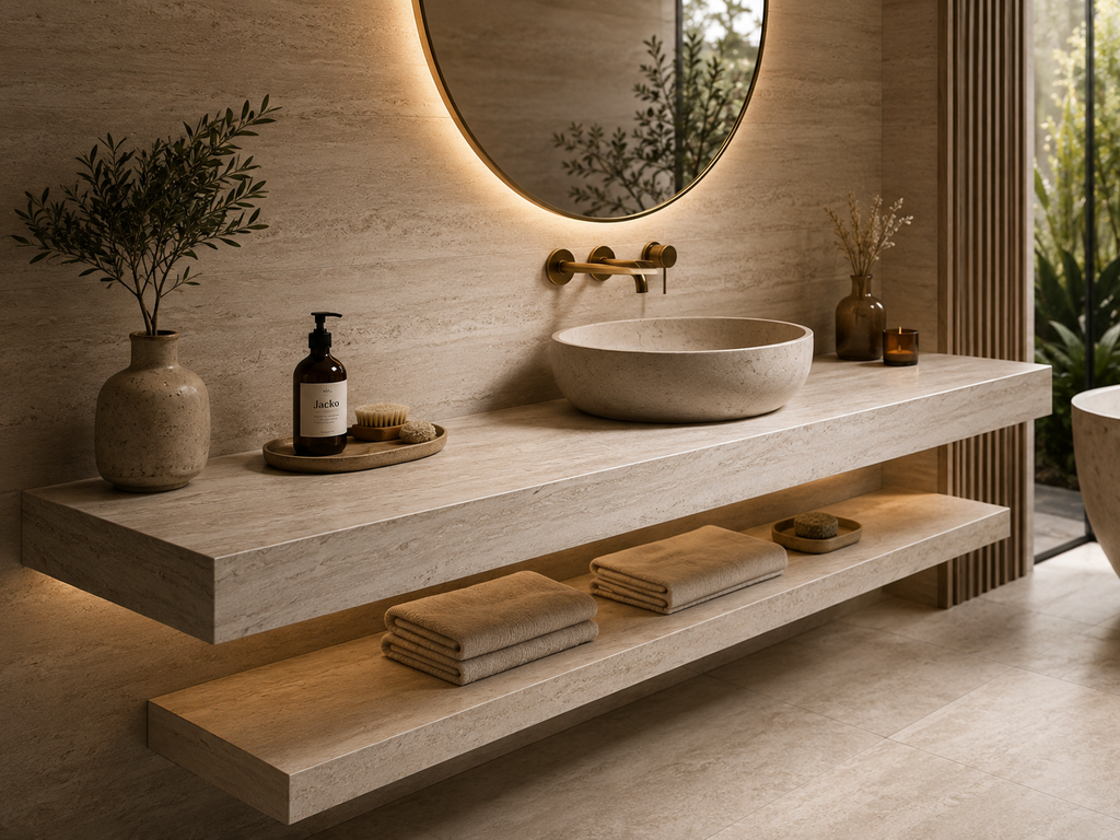 A travertine-effect porcelain vanity worktop with basin beneath a round backlit mirror, with an open shelf and folded towels beneath