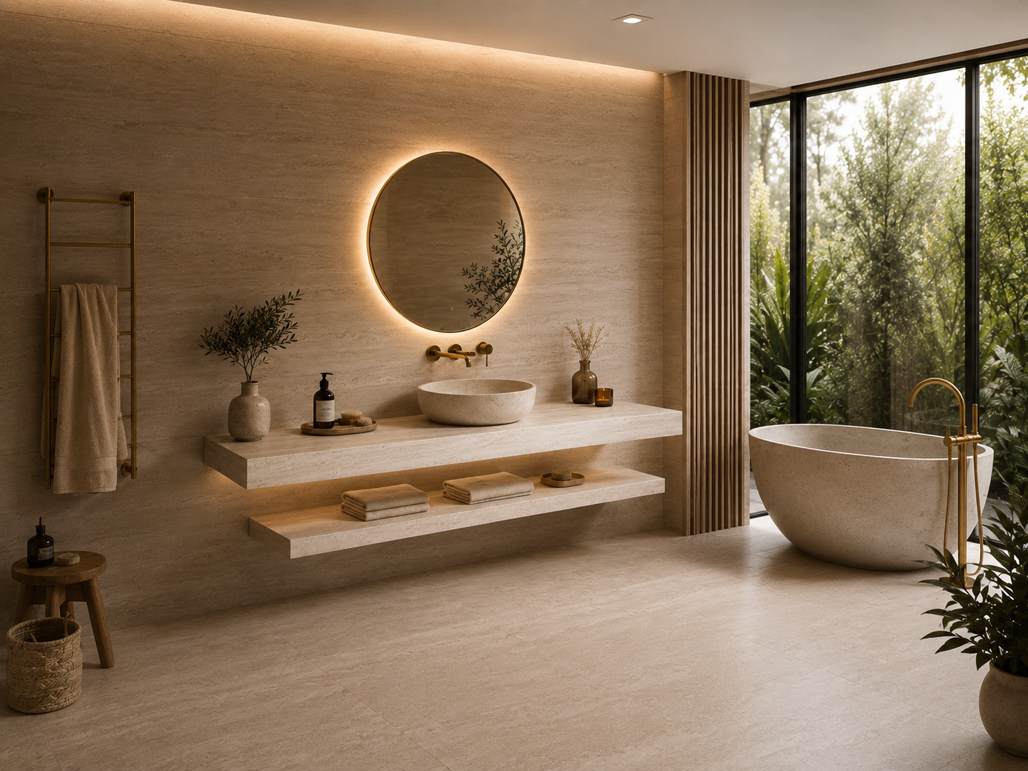 A travertine-effect porcelain vanity worktop and basin in a bathroom with a wooden towel ladder, wicker stool, and freestanding tub by a garden-facing window