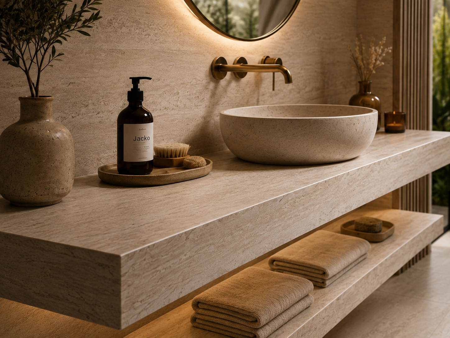 Close-up of a travertine-effect porcelain vanity worktop with oval basin, wall-mounted tap, and styled accessories